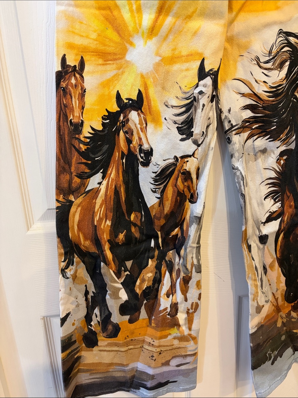 NWT Western Flare Wide-Leg Jeans Yellow Sun Brown Horse Painted Print - Picture 4 of 8